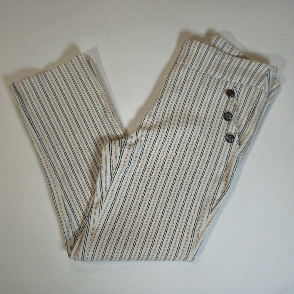 Kate Park Pants Womens Size 10P Cream‎ Multistripe Stretchy Waist Button Accent